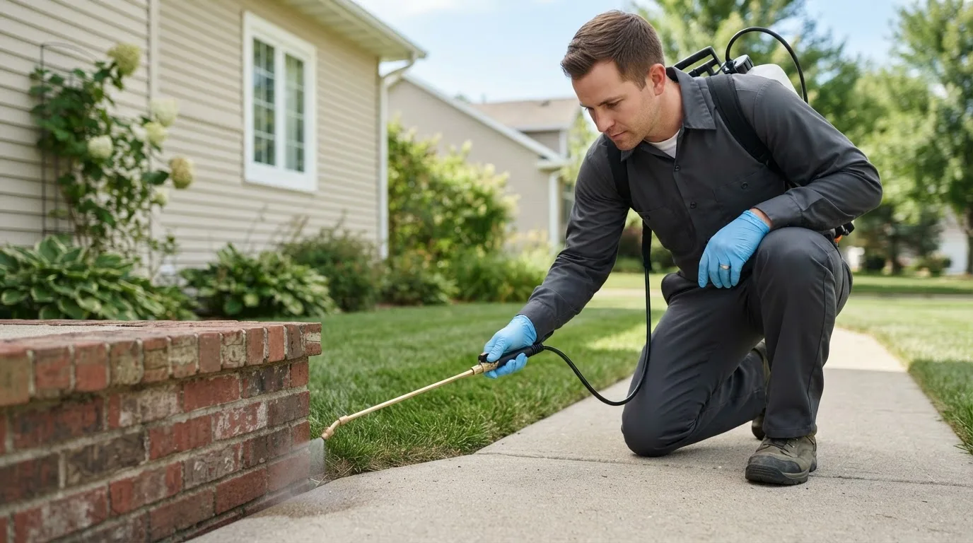 Pest control technician treating a home near Manhattan, KS